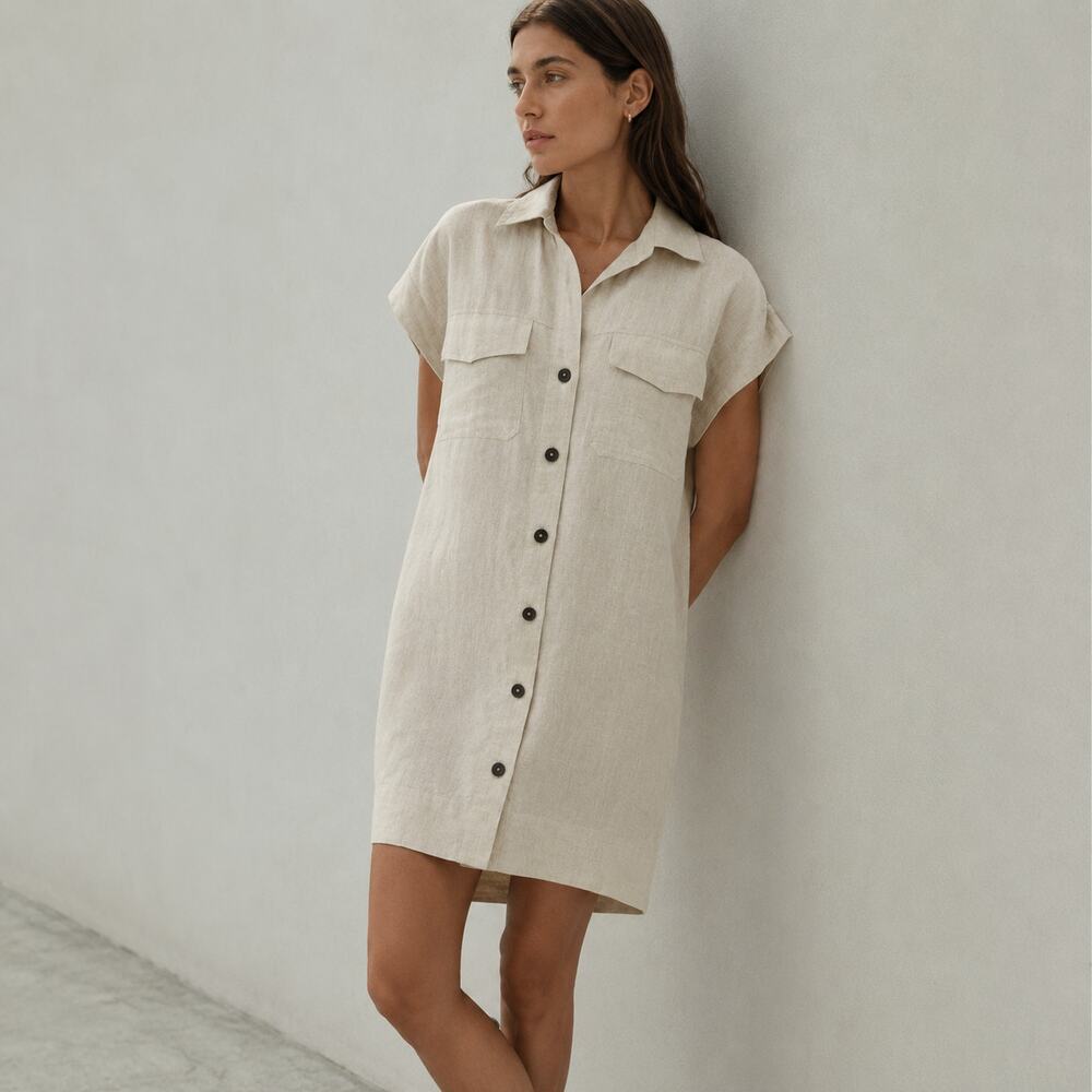 Madewell Utility Short-Sleeve Mini Shirtdress in 100% Linen NU589 Womens L